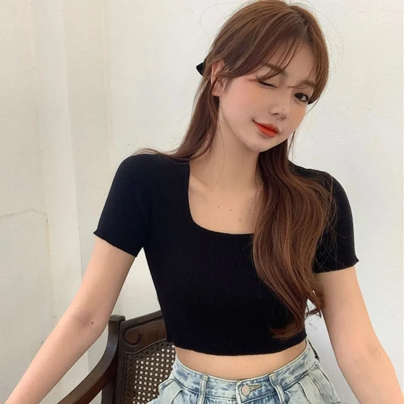 Gen Z & Y2K Style Women's Square Collar Knit Crop Top | K-POP & Korean Fashion Streetwear