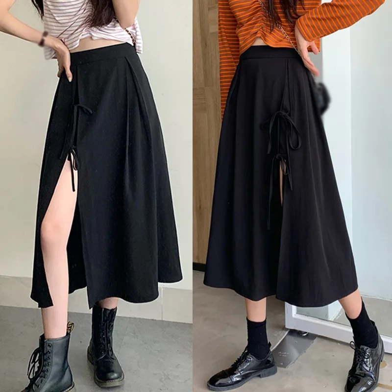 Gen Z & Y2K Women's K-POP Streetwear Side Split Skirt - Summer Irregular Medium Length Slim Fit