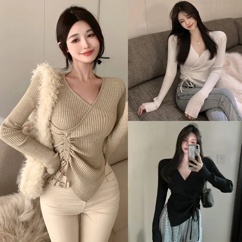 Gen Z & Y2K Women's Korean Streetwear V-Neck Sweater with Drawstring