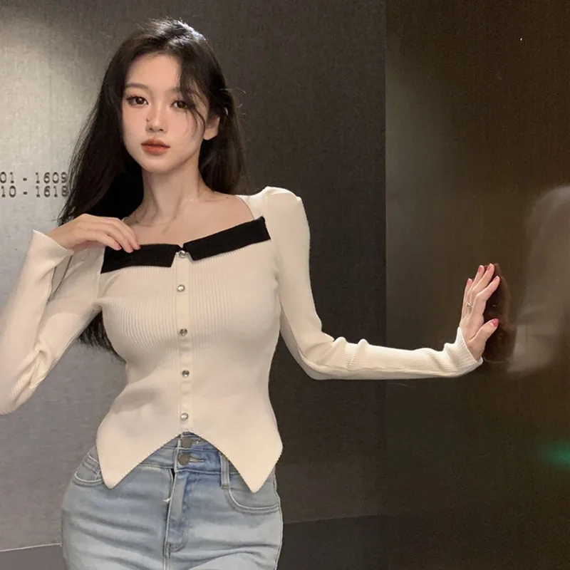 Gen Z & Y2K Women's Korean Style Knitted Square Neck Sweater