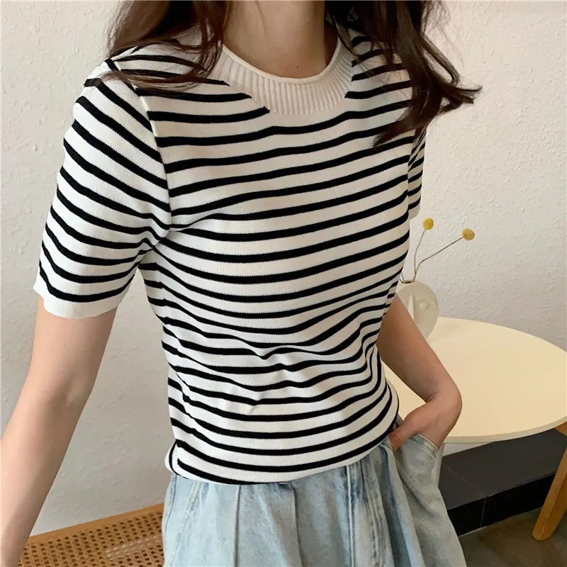 Gen Z & Y2K Women's Korean Style Knitted T-Shirt | Striped O Neck Casual Top