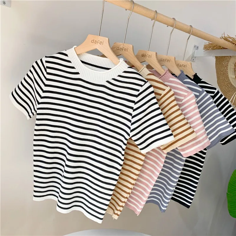 Gen Z & Y2K Women's Korean Style Knitted T-Shirt | Striped O Neck Casual Top