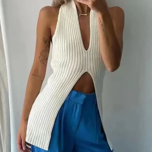 Gen Z & Y2K Women's Ribbed Knit Halter Tank Top - K-POP & Streetwear Fashion