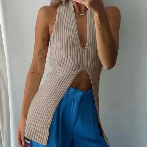 Gen Z & Y2K Women's Ribbed Knit Halter Tank Top - K-POP & Streetwear Fashion