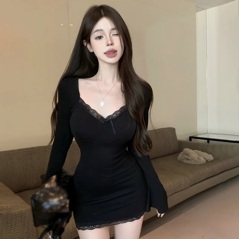 Gen Z & Y2K Women's V-Neck Lace Bodycon Dress | K-POP & Korean Fashion