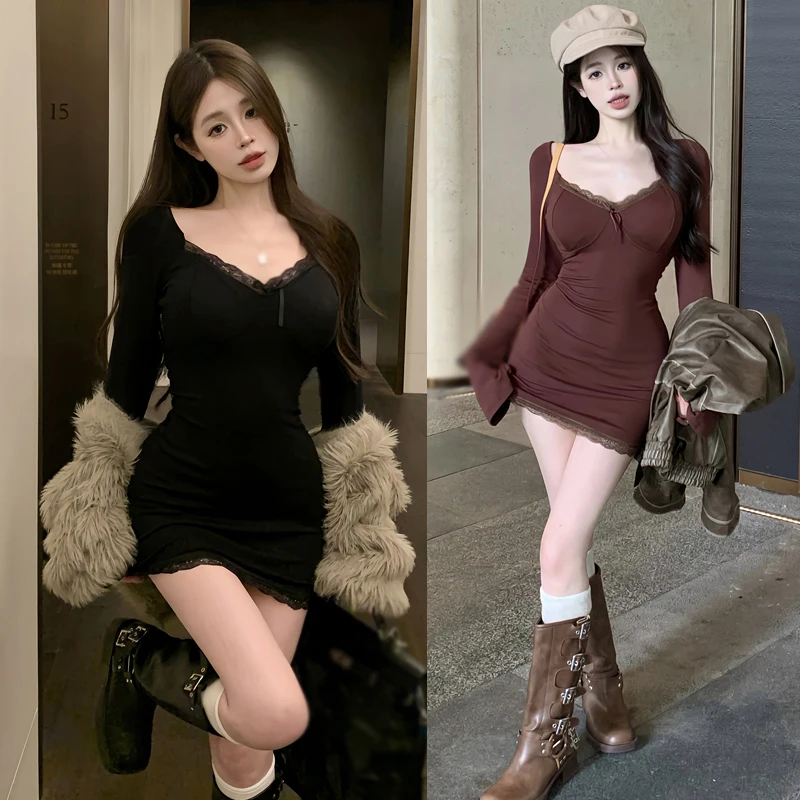 Gen Z & Y2K Women's V-Neck Lace Bodycon Dress | K-POP & Korean Fashion