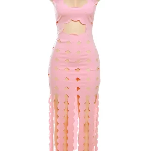 Geometric Cut Maxi Dress: Summer See-Through Cleavage Robe with Tassels - Sexy Clubwear for Women