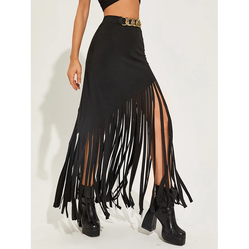 Gothic Grunge High Waist Maxi Skirt with Tassel Detail and Ring Belt - Edgy Streetwear for Gen Z and Y2K