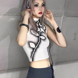 Gothic Rose Print Tank Top | Y2K Aesthetic Crop Top for Women | Harajuku Streetwear Sleeveless Vest | K-POP