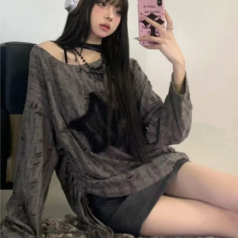 Gothic Star Knit Sweater: Y2K Harajuku Streetwear for Women