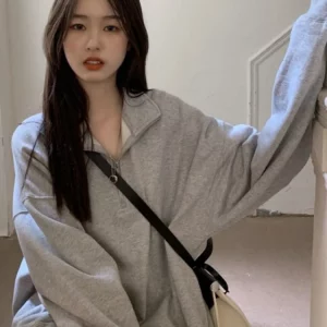 Gray Korean Fashion Oversized Sweatshirt for Women | Harajuku Zip-Up Hoodie with Vintage Style | Casual Streetwear Pullover for Gen Z