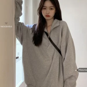 Gray Korean Fashion Oversized Sweatshirt for Women | Harajuku Zip-Up Hoodie with Vintage Style | Casual Streetwear Pullover for Gen Z