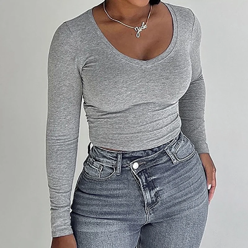 Gray O-Neck Long Sleeve Basic T-shirt | Slim Fit Casual Pullover for Women | Spring Summer Fashion