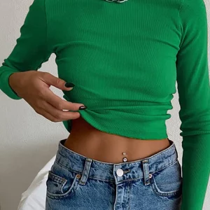 Green Ribbed Mesh Crop Top: Slim Fit Long Sleeve Tee for Women