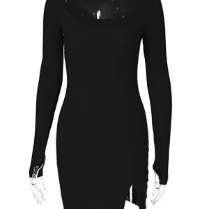Green Ribbed Square Neck Long Sleeve Mini Dress | Y2K Fashion Clubwear for Women