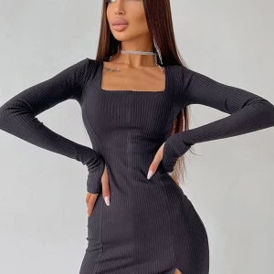 Green Ribbed Square Neck Long Sleeve Mini Dress | Y2K Fashion Clubwear for Women