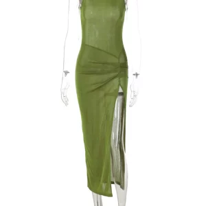 Green Sleeveless Ruched Midi Dress | Bodycon Sexy Party Outfit