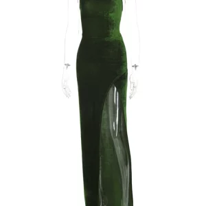 Green Velvet Lace-Up Maxi Dress: Y2K K-POP Streetwear Fashion