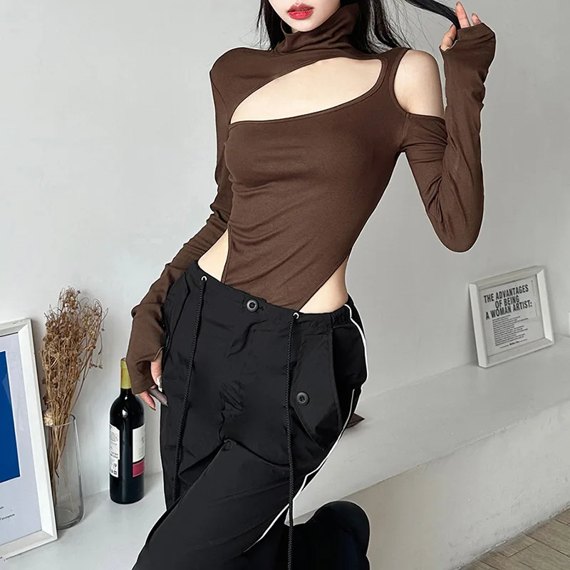 Hollow Off Shoulder Top: Slim Fit High Neck, Long Sleeve - K-POP Streetwear for Gen Z & Y2K Fashion