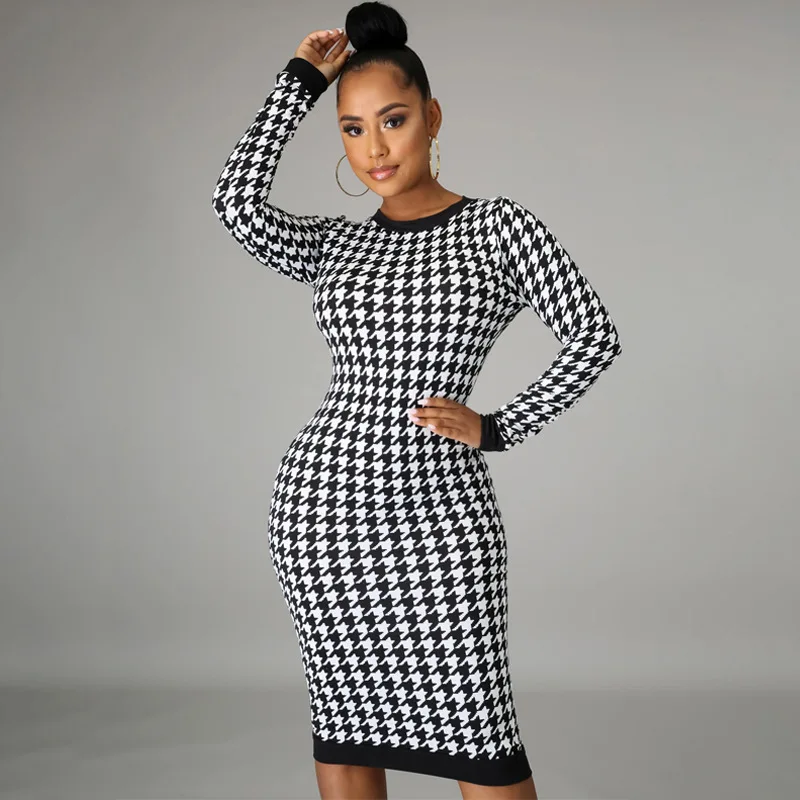 Houndstooth Print Long Sleeve Midi Dress | Bodycon Streetwear for Women | Autumn Winter Fashion