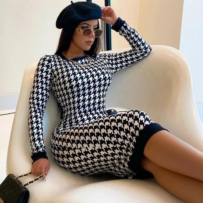 Houndstooth Print Long Sleeve Midi Dress | Bodycon Streetwear for Women | Autumn Winter Fashion