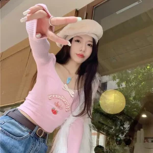 K-POP Coquette Egirl Pink Crop Tee | Y2K Korean Fashion Streetwear