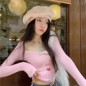 K-POP Coquette Egirl Pink Crop Tee | Y2K Korean Fashion Streetwear