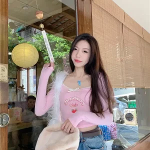 K-POP Coquette Egirl Pink Crop Tee | Y2K Korean Fashion Streetwear