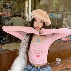 K-POP Coquette Egirl Pink Crop Tee | Y2K Korean Fashion Streetwear