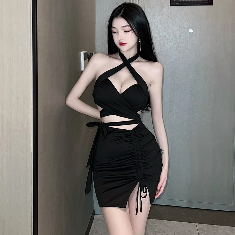 K-POP Cross Halter Neck Vest Top & Drawstring Skirt Set - Korean Streetwear Fashion