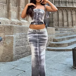 K-POP Denim Print 2-Piece Set: Strapless Top & Maxi Skirt for Gen Z & Y2K Fashion