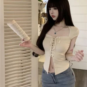 K-POP Inspired Beige Crop Tee | Y2K Babydoll Bandage Top