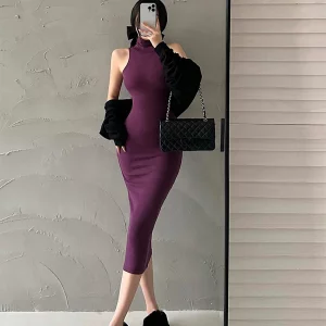 K-POP Inspired Black Bodycon Midi Dress for Gen Z & Y2K Fashion | Sleeveless Turtleneck Party Dress