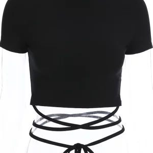 K-POP Inspired Black Crop Top for Gen Z & Y2K Fashion | Short Sleeve Bandage Tee for Women