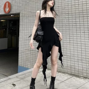 K-POP Inspired Black Knitted Wrap Dress for Gen Z & Y2K Fashion