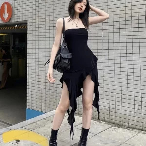 K-POP Inspired Black Knitted Wrap Dress for Gen Z & Y2K Fashion