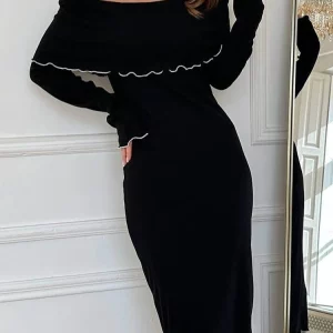 K-POP Inspired Black Sexy Dress for Gen Z & Y2K Fashion | Long Sleeve Slash Neck Clubwear for Women