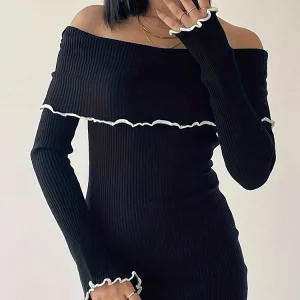 K-POP Inspired Black Sexy Dress for Gen Z & Y2K Fashion | Long Sleeve Slash Neck Clubwear for Women