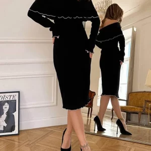 K-POP Inspired Black Sexy Dress for Gen Z & Y2K Fashion | Long Sleeve Slash Neck Clubwear for Women