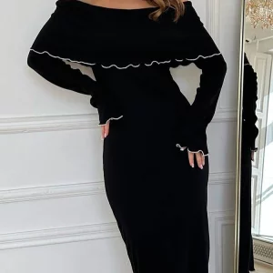 K-POP Inspired Black Sexy Dress for Gen Z & Y2K Fashion | Long Sleeve Slash Neck Clubwear for Women