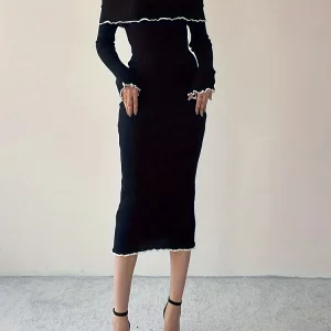 K-POP Inspired Black Sexy Dress for Gen Z & Y2K Fashion | Long Sleeve Slash Neck Clubwear for Women