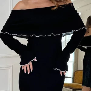 K-POP Inspired Black Sexy Dress for Gen Z & Y2K Fashion | Long Sleeve Slash Neck Clubwear for Women