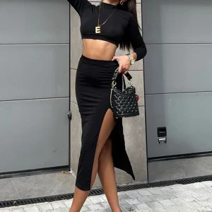 K-POP Inspired Black Two-Piece Set for Women | Streetwear Fashion Suit with High Waist Skirt and Crop Top