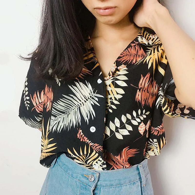 K-POP Inspired Boho Leaves Print Women's Chiffon Blouse - Gen Z Streetwear