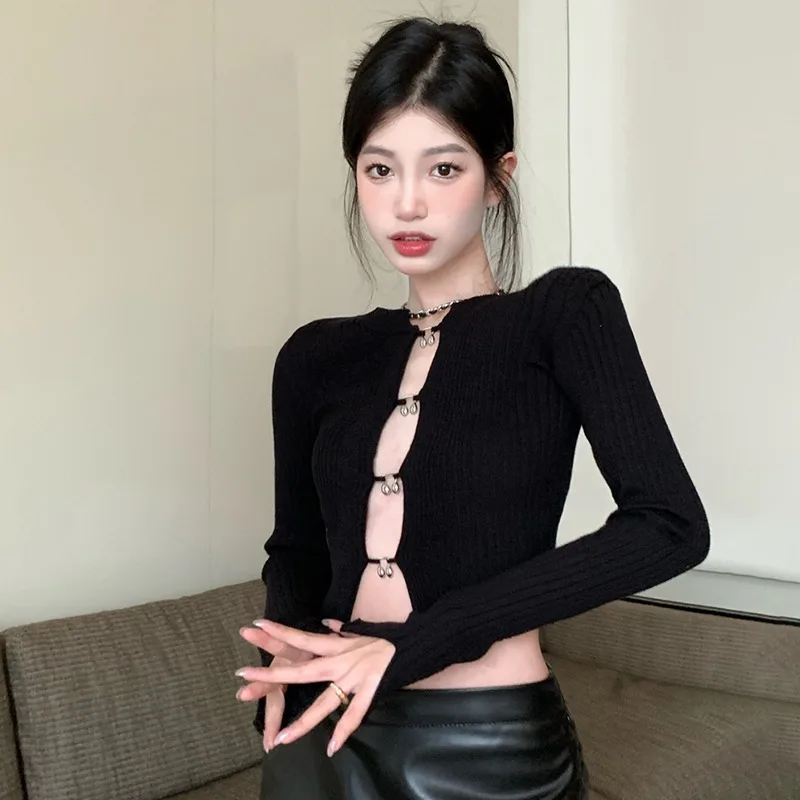 K-POP Inspired Cropped Sweater: Sexy Cutout Design, Solid Color, Long Sleeves