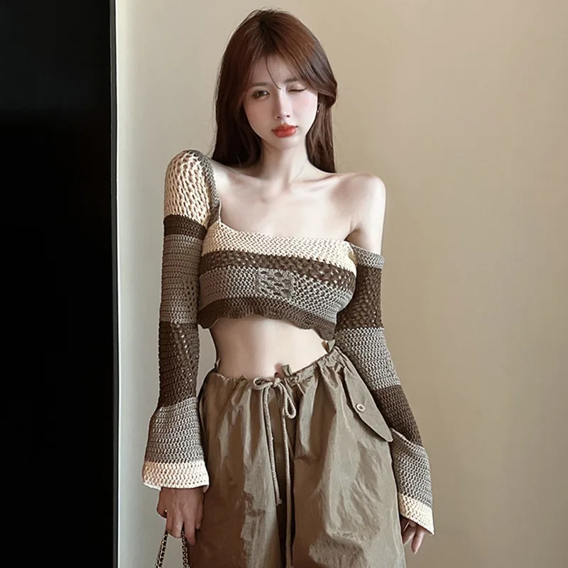 K-POP Inspired Cutout Color-block Cropped Sweater for Gen Z & Y2K Fashion