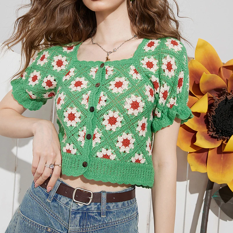 K-POP Inspired Floral Embroidered Square Collar Crop Top for Gen Z & Y2K Fashion | Korean Streetwear Knit Shirt with