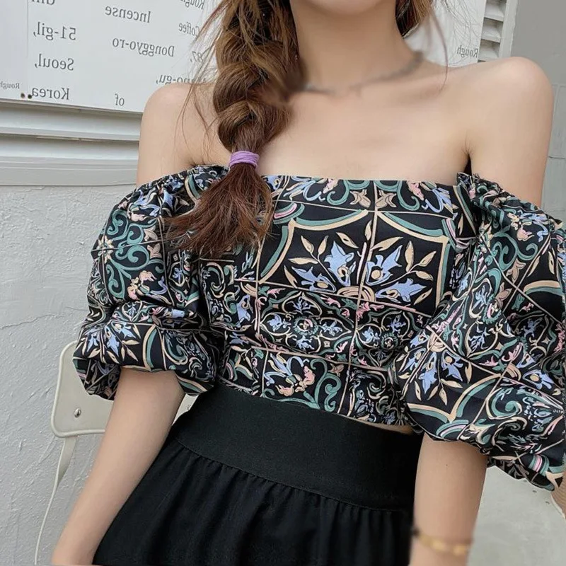 K-POP Inspired Floral Print Square Collar Chiffon Blouse