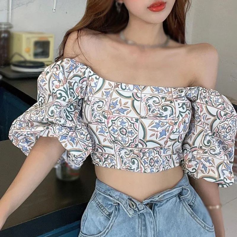 K-POP Inspired Floral Print Square Collar Chiffon Blouse