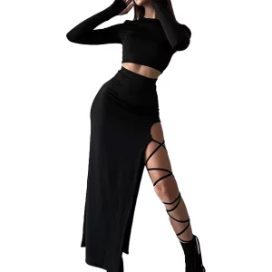 K-POP Inspired Halter Crop Top and Split Skirt Set for Gen Z Fashionistas